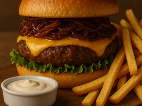 Hamburguesa angus con cebolla caramelizada y tocineta